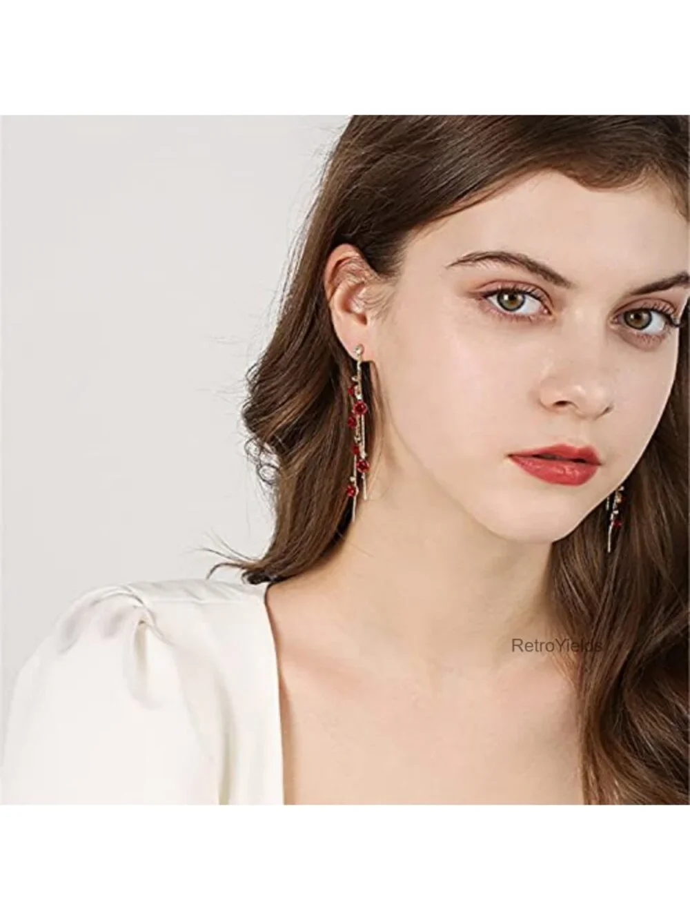 Long Tassel Chain Flower Dangle Drop Stud Earrings with White Crystal for Women